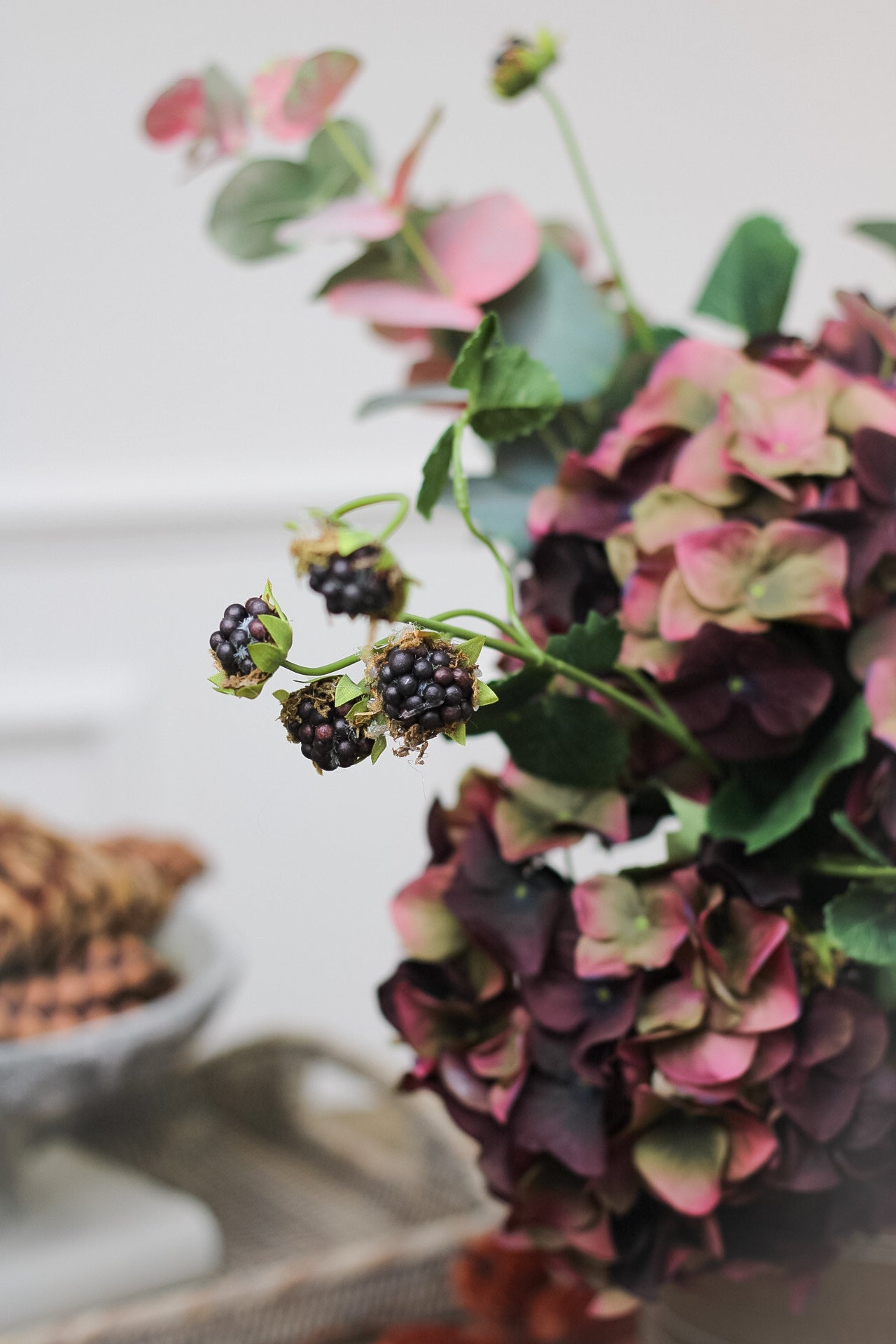 Faux Fig and Olive Hydrangea with Blush Eucalyptus and Blackberries Arrangement