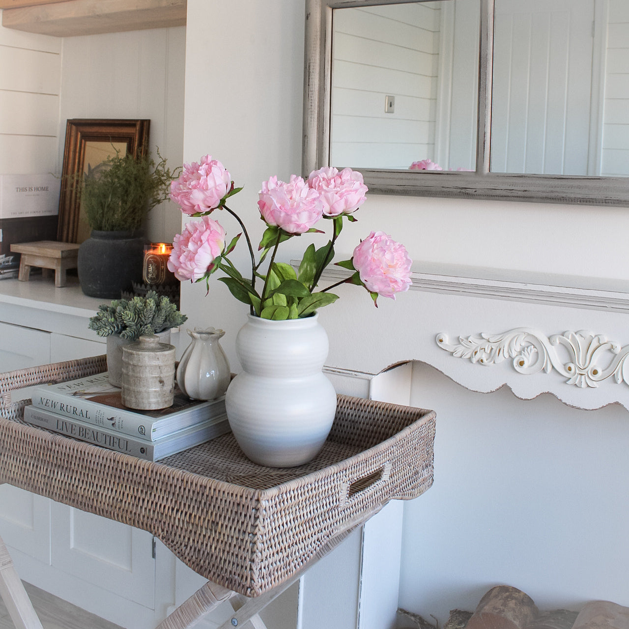 White Washed Natural Rattan Butler Tray with Legs