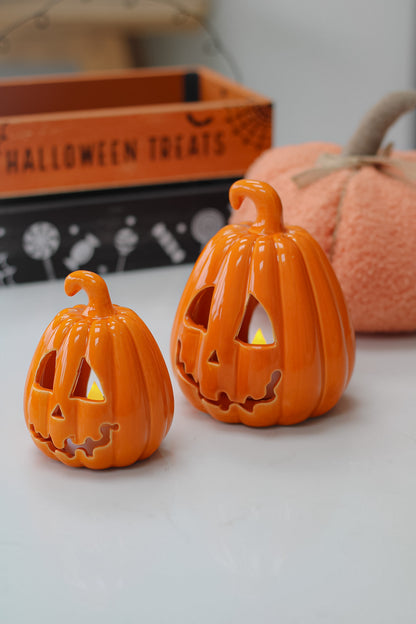 Orange Glazed Ceramic Carved Pumpkin Lantern