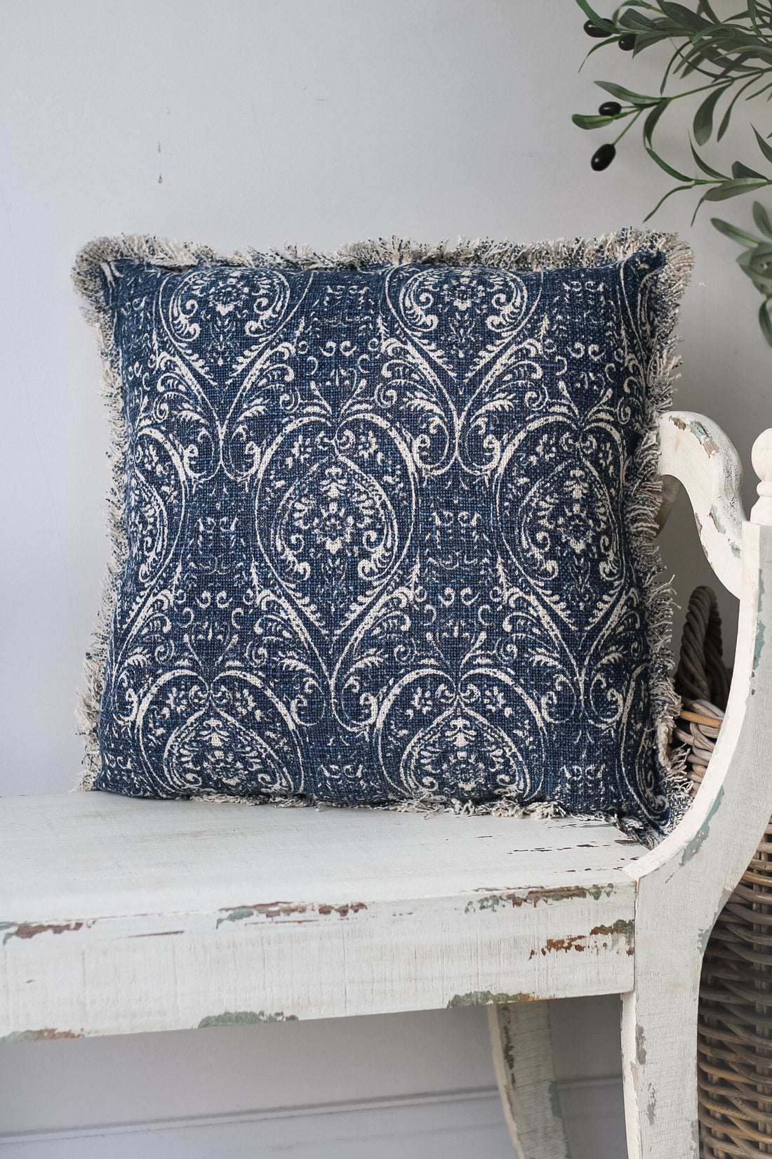 Blue Damask Fringed Cushion 008