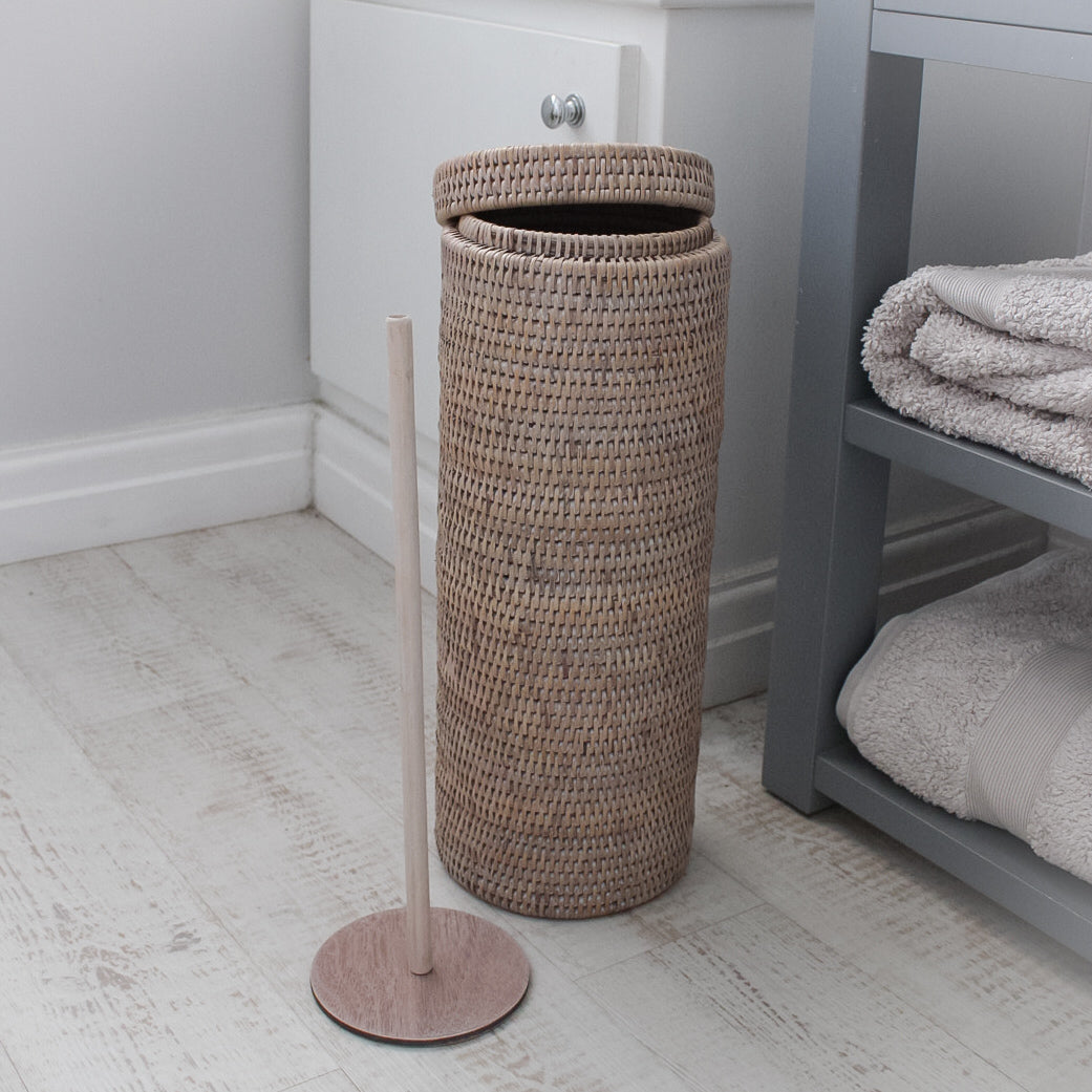 White Washed Natural Rattan Toilet Roll Container