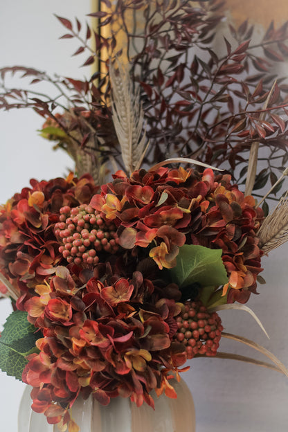 Faux Autumn Orange Hydrangea and Berry Arrangement