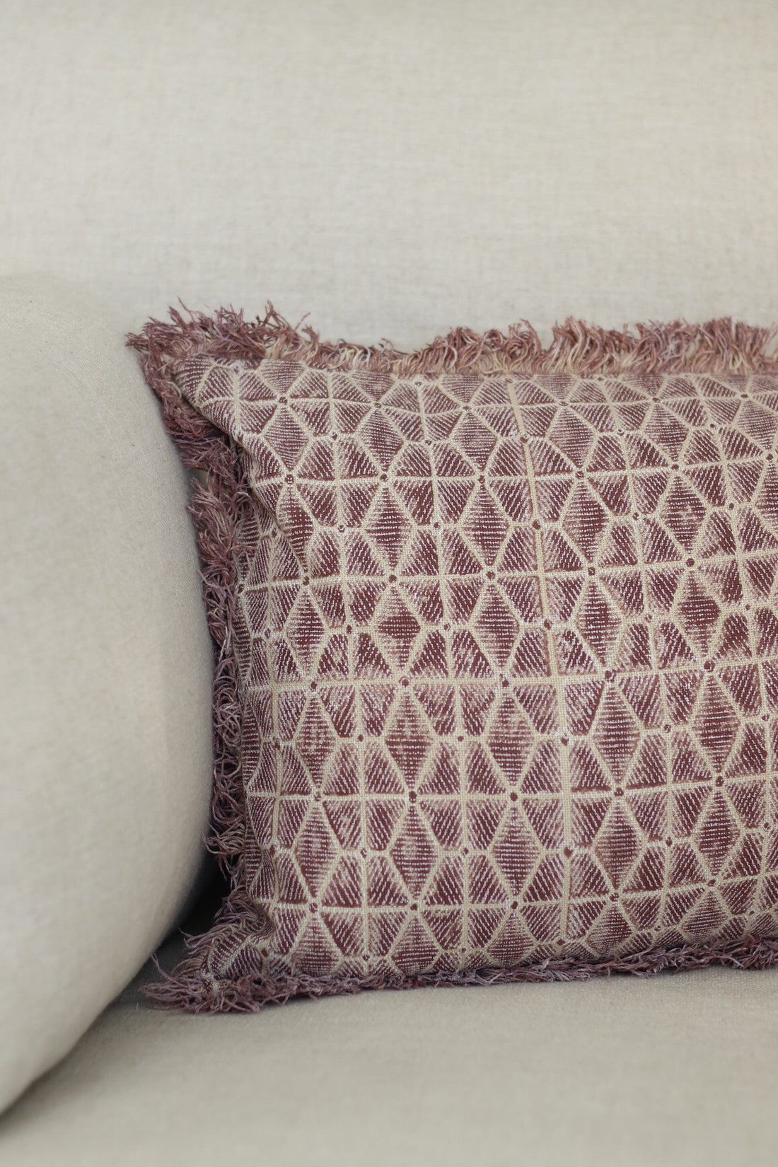 Mauve Cotton Block Fringed Cushion