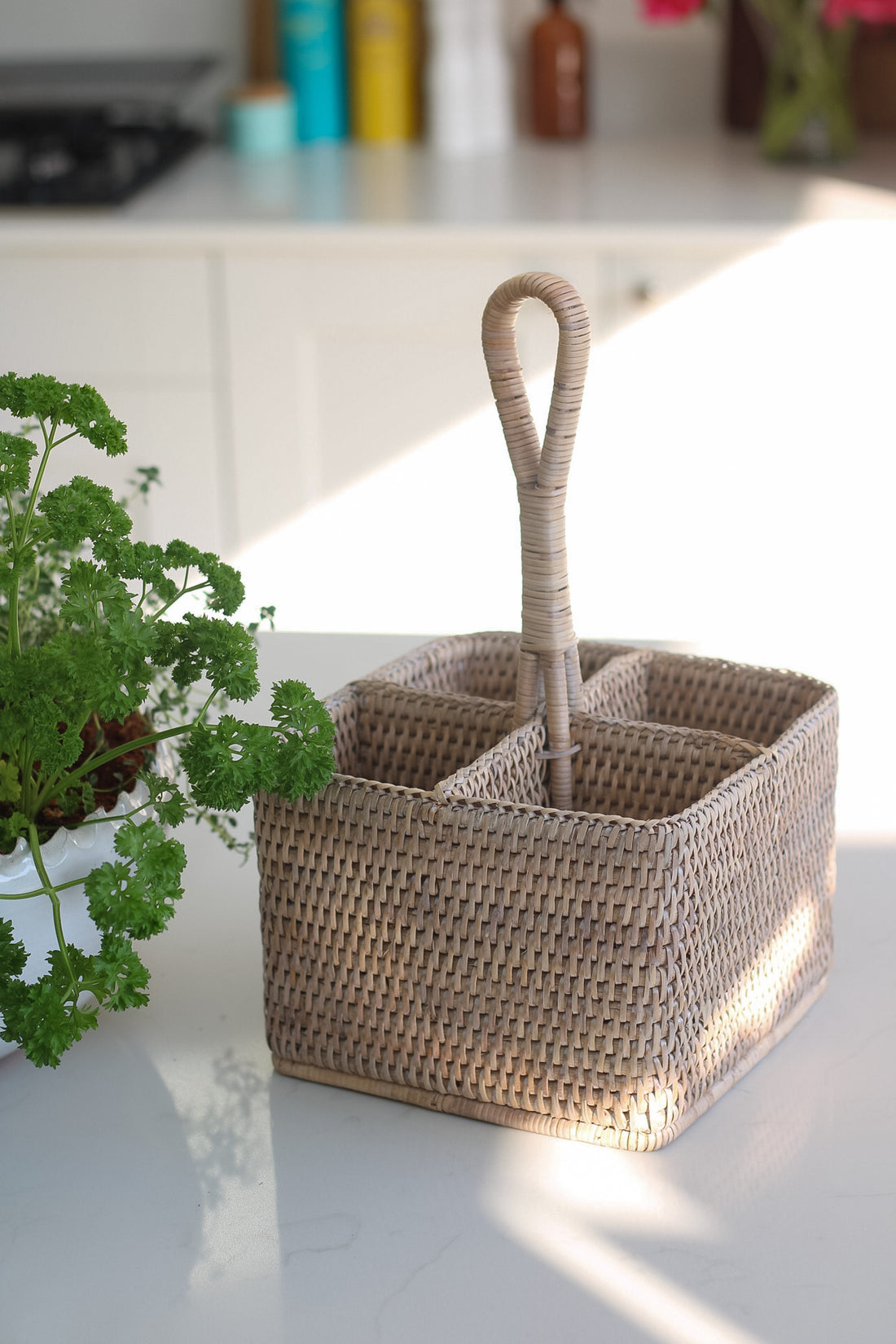 White Washed Rattan Condiment Caddy
