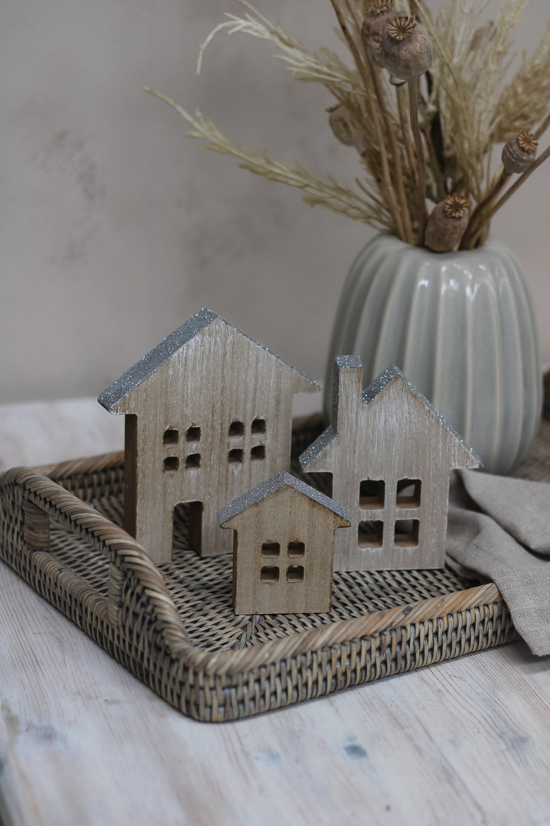 Silver Glitter Roof Houses | Set of 3