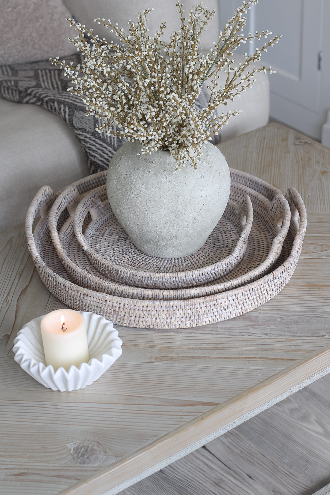 White Washed Round Rattan Tray with Handles
