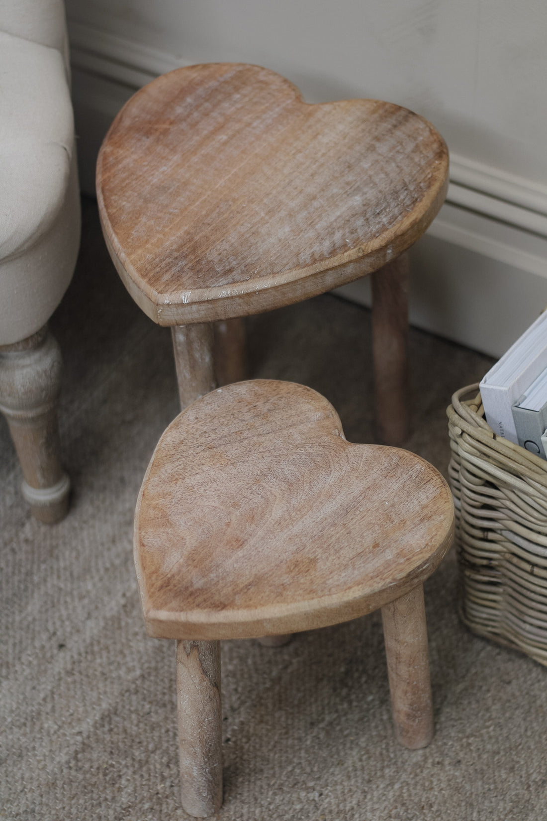 up close of mango wood heart stools