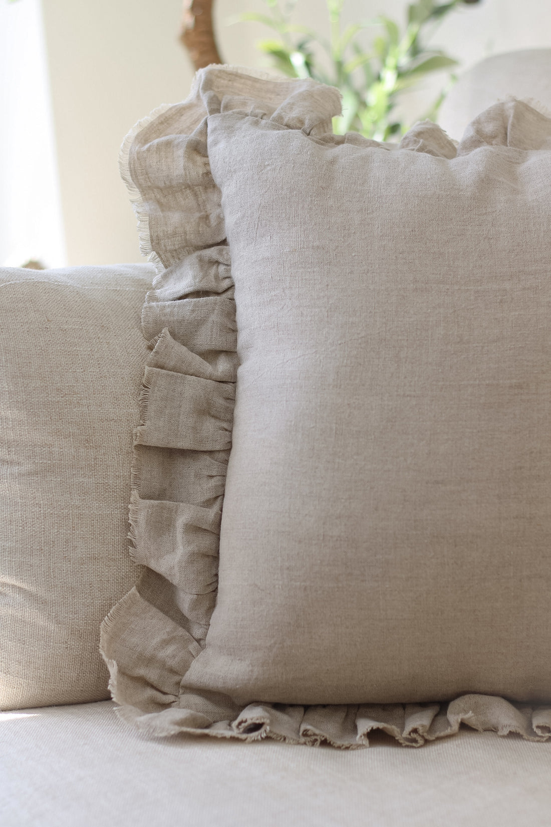 Natural Linen Ruffle Square Cushion