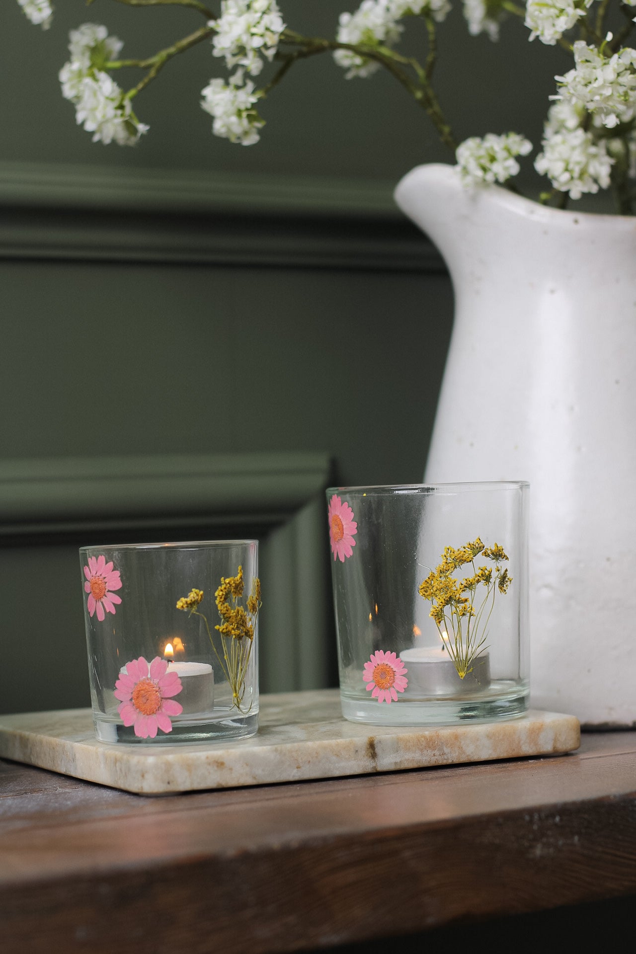 Pink Floral Glass Tea Light