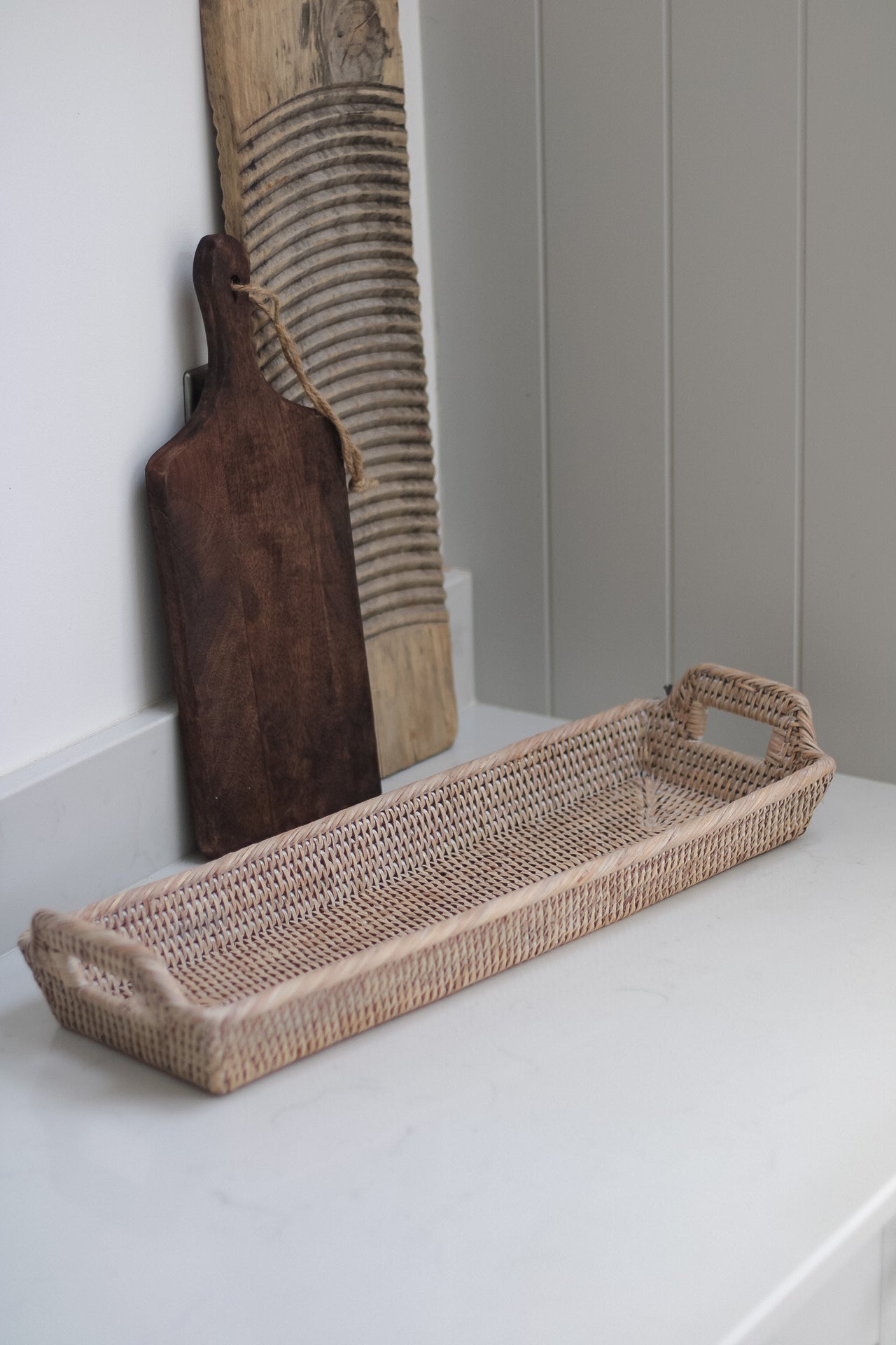 White Washed Natural Rattan Narrow Tray