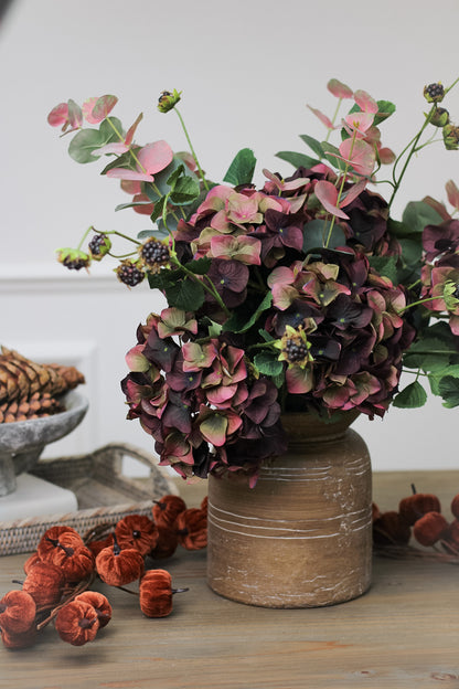 Faux Fig and Olive Hydrangea with Blush Eucalyptus and Blackberries Arrangement