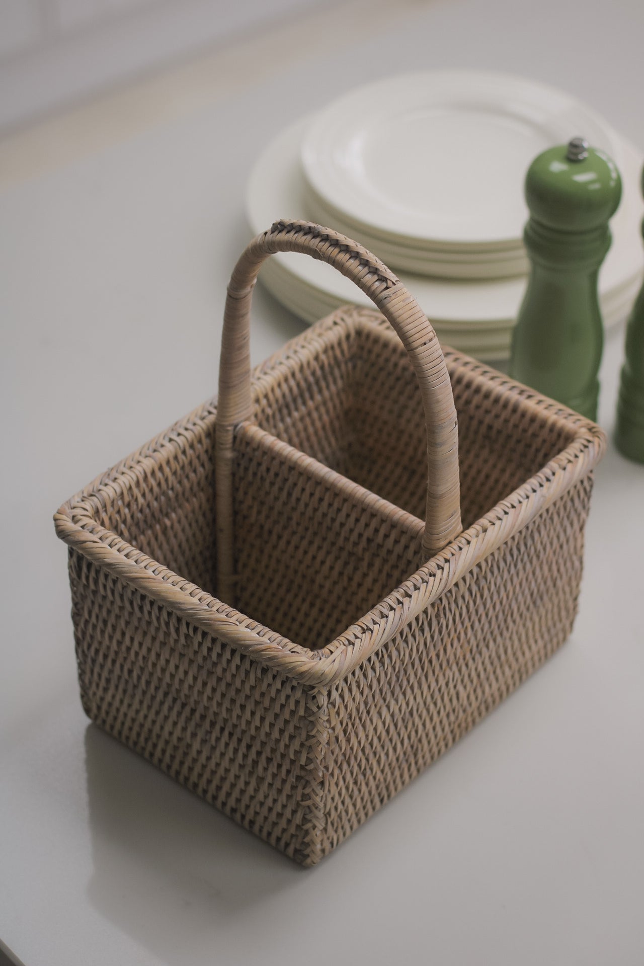 White Washed Rattan Flatware Caddy