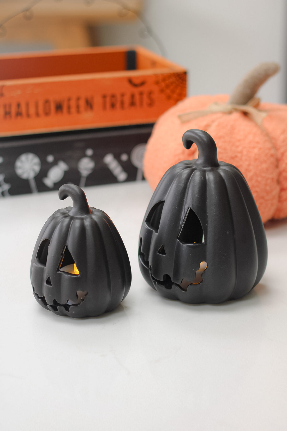 Black Ceramic Carved Pumpkin Lantern