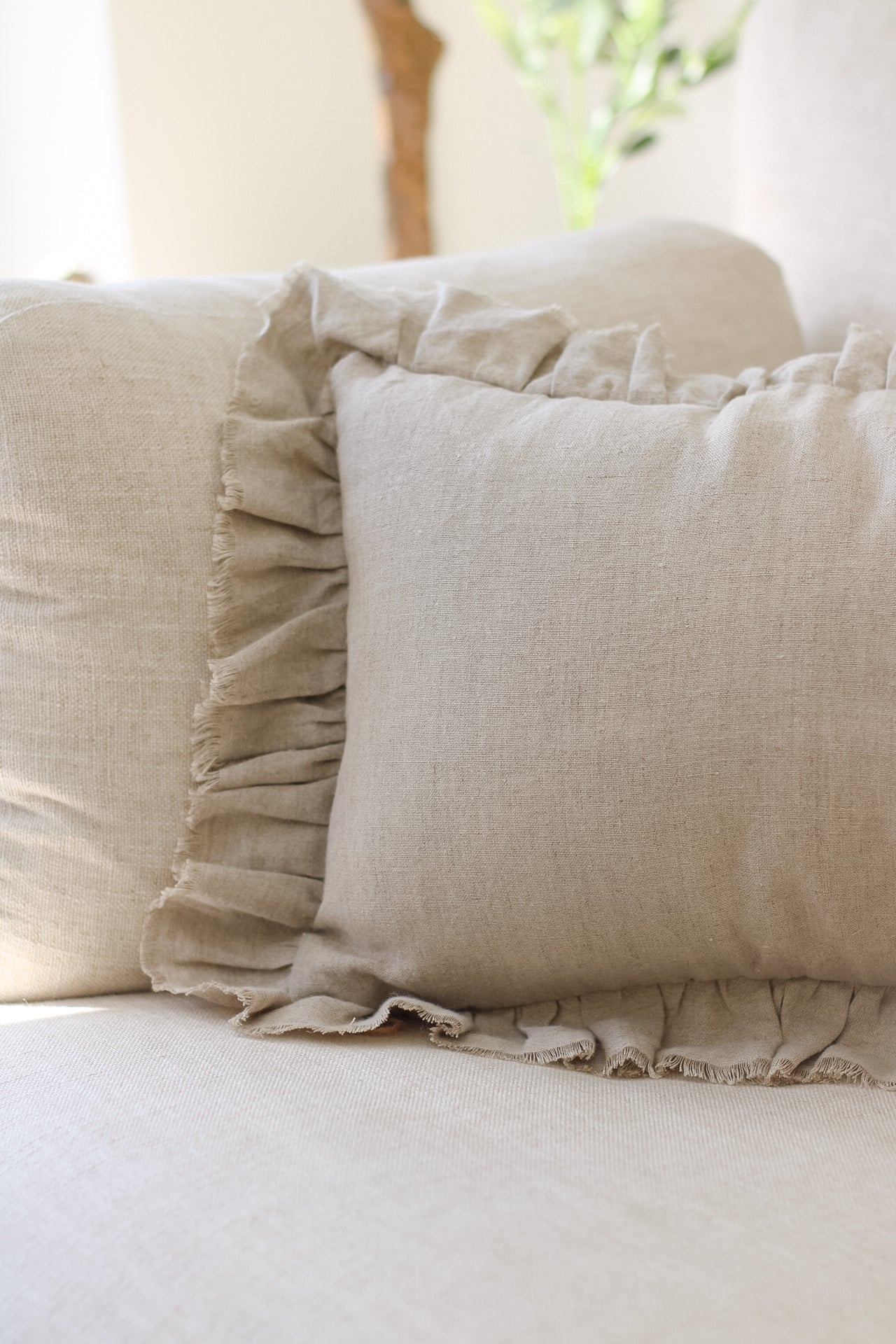 Natural Linen Ruffle Rectangular Cushion