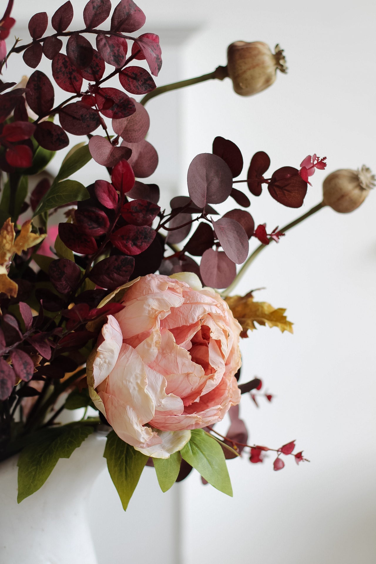 Faux Dried Autumn Hydrangea, Peony and Plum Leaves Arrangement