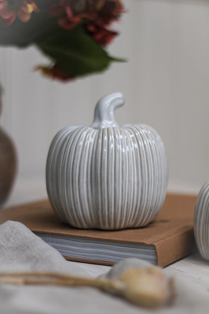 Cream Ribbed Ceramic Pumpkin