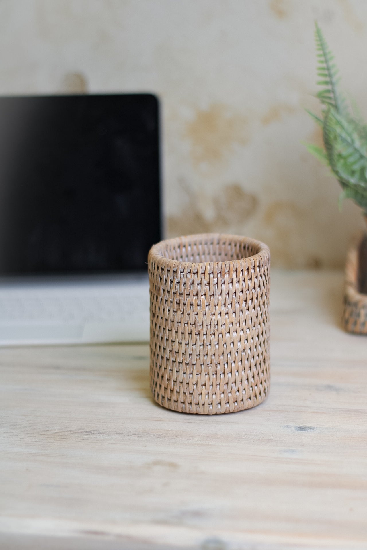 White Washed Rattan Storage Pot