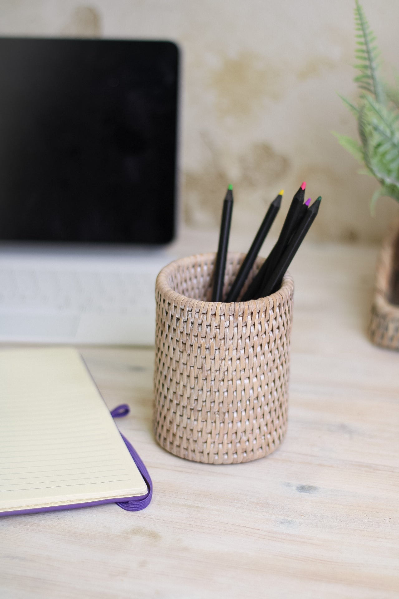 White Washed Rattan Storage Pot