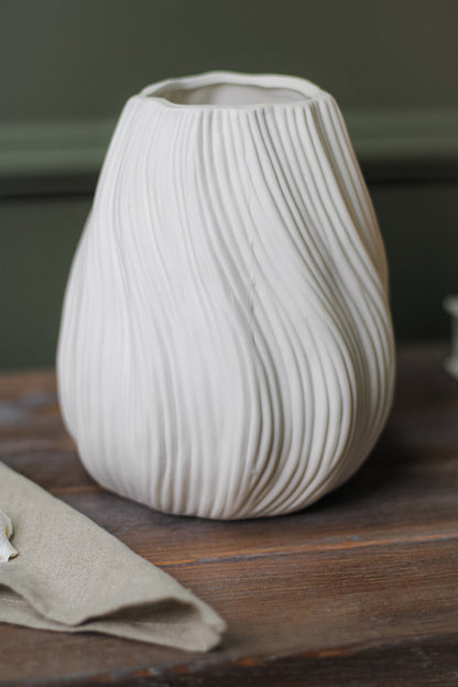 White Wave Etched Ceramic Vase