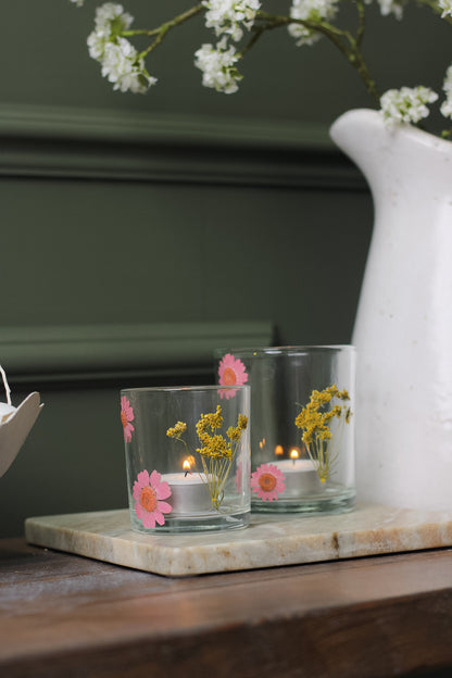 Pink Floral Glass Tea Light