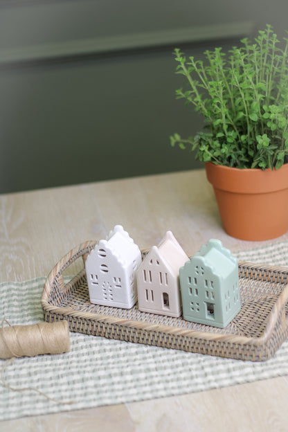 adorable spring houses on rattan tray