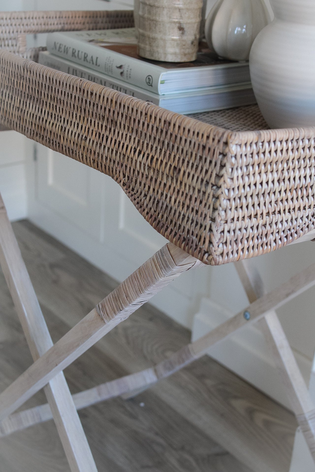 White Washed Natural Rattan Butler Tray with Legs