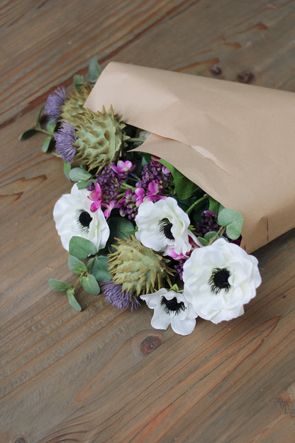 Faux Flocked Thistle, Budding Hydrangea and Anemone Arrangement