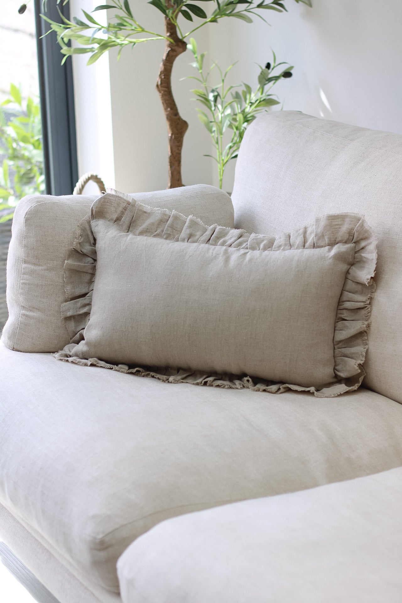 Natural Linen Ruffle Rectangular Cushion