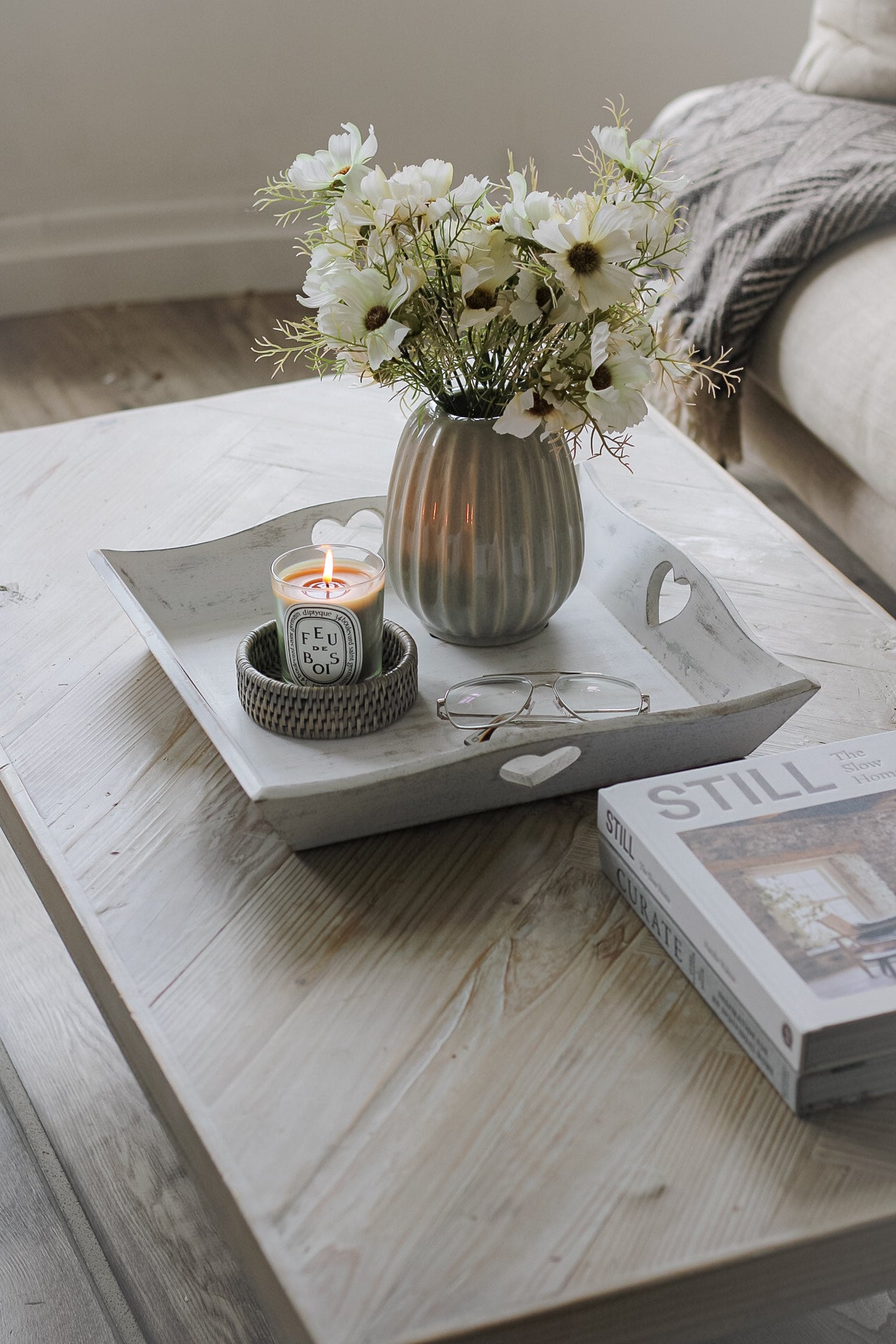 Whitewashed Wooden Square Tray with Hearts