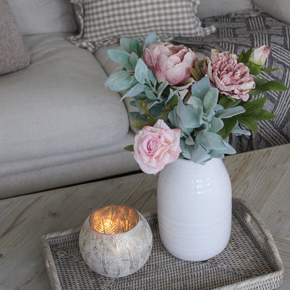 Pink roses and peonies with lambs ear arrangement