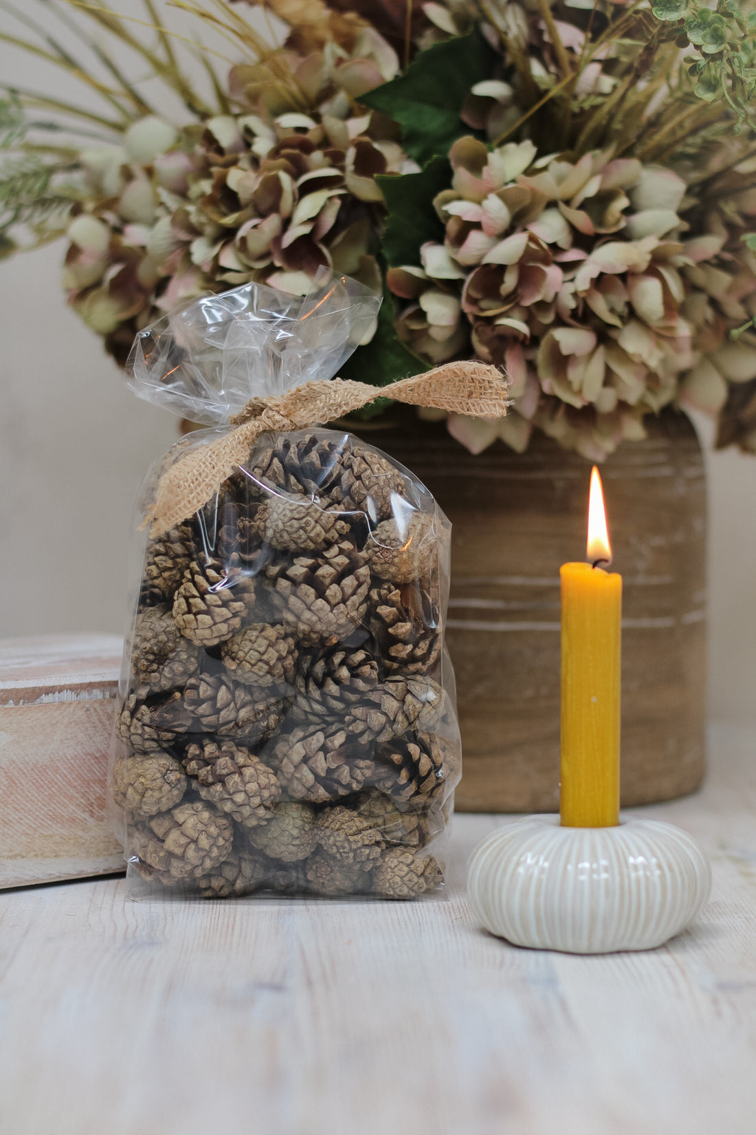 Bag of Natural Pinecones with Hessian Ribbon