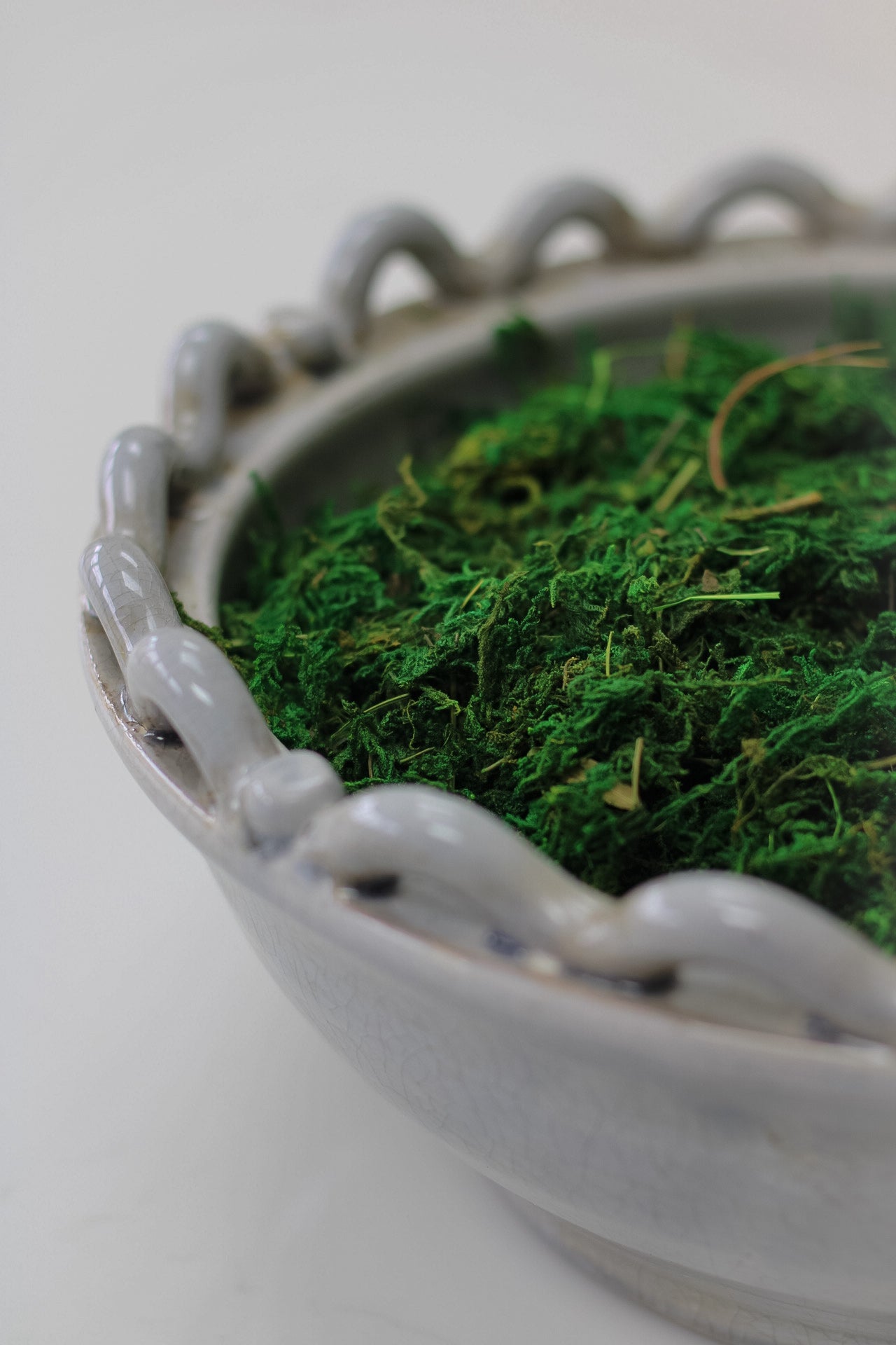 grey wave bowl filled with natural green moss