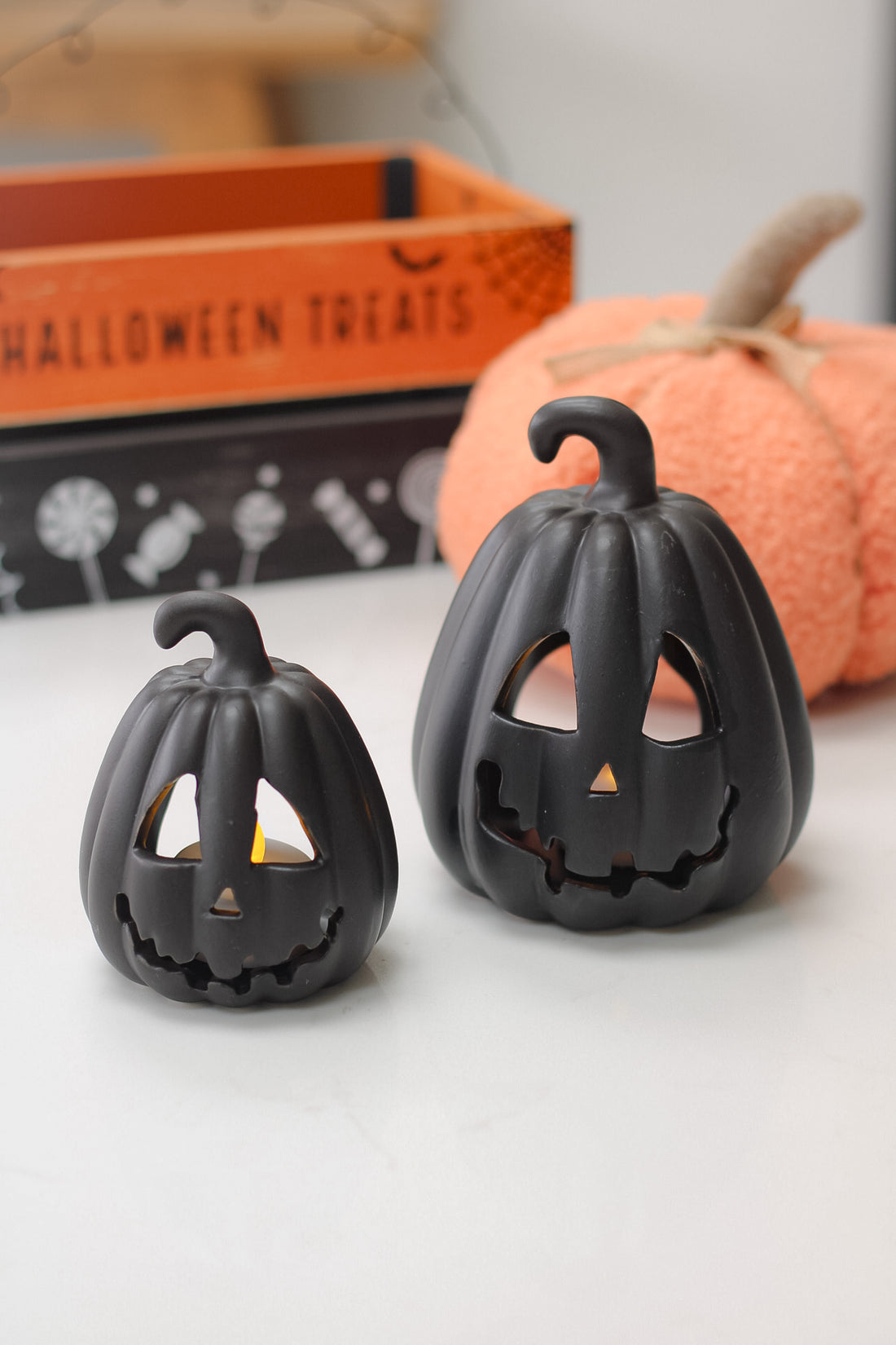 Black Ceramic Carved Pumpkin Lantern