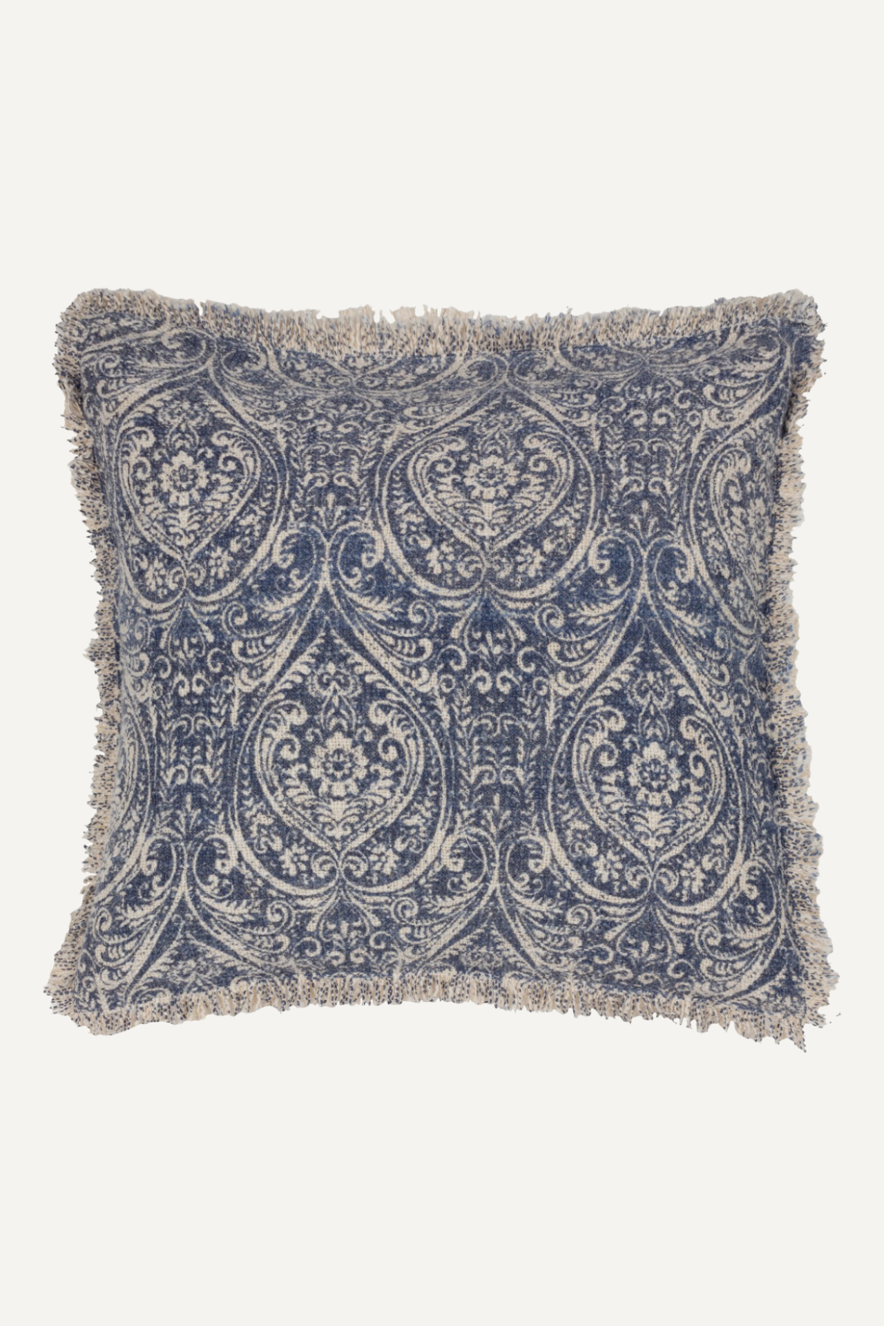 Blue Damask Fringed Cushion 001