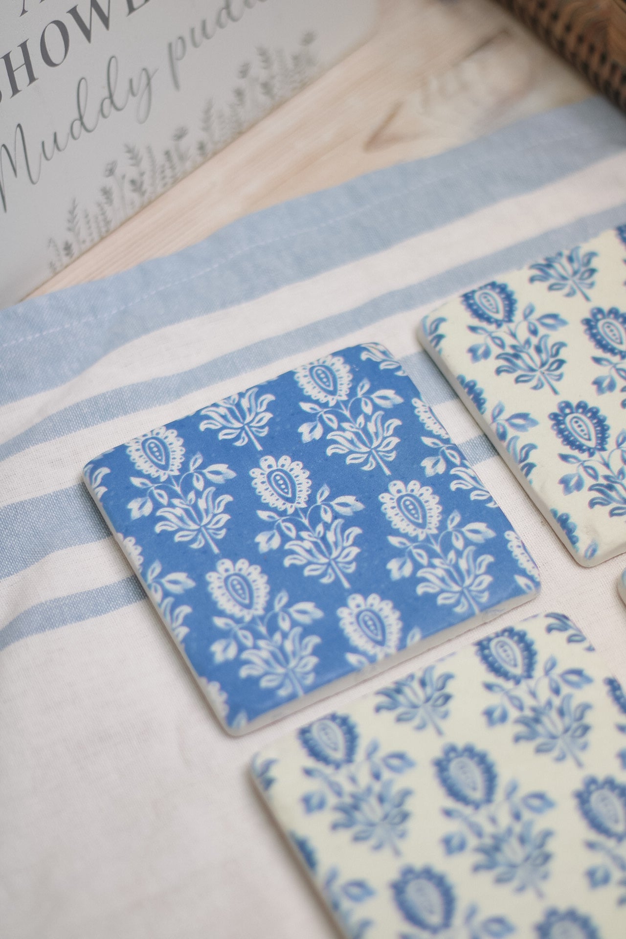 Blue victoriana patterned resin coasters