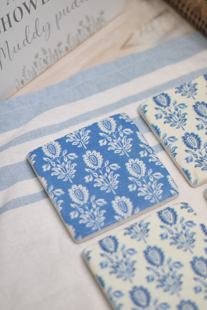 Blue victoriana patterned resin coasters