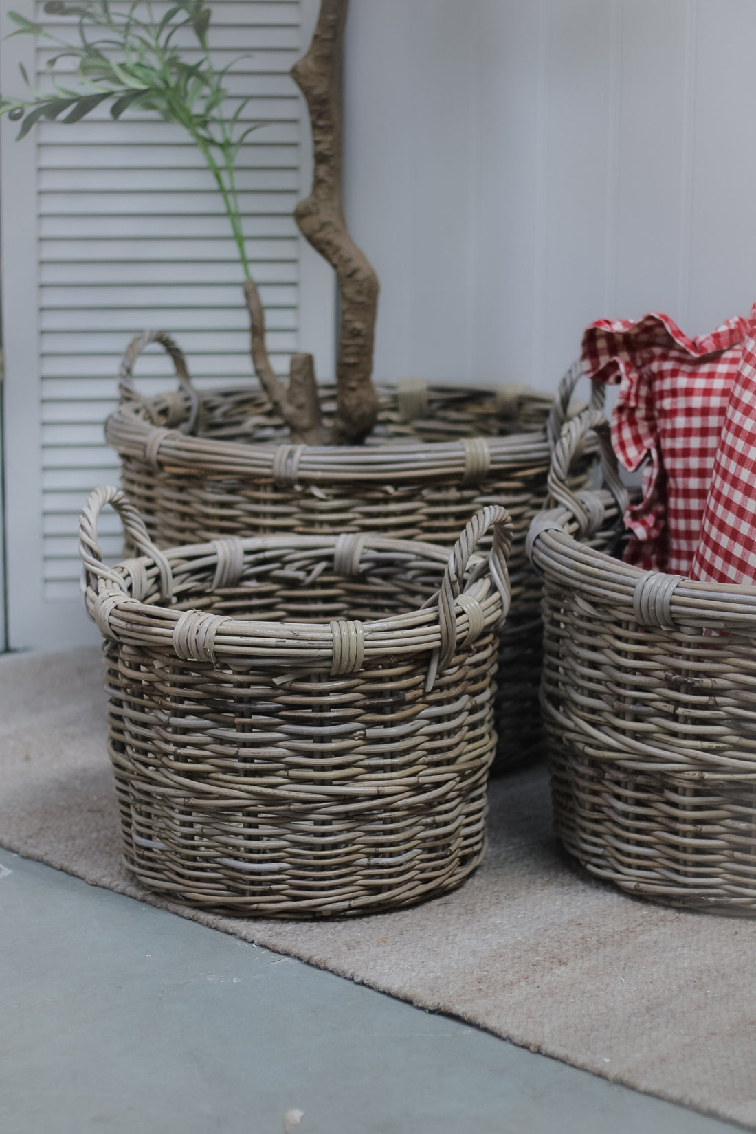 selection of round wicker storage baskets