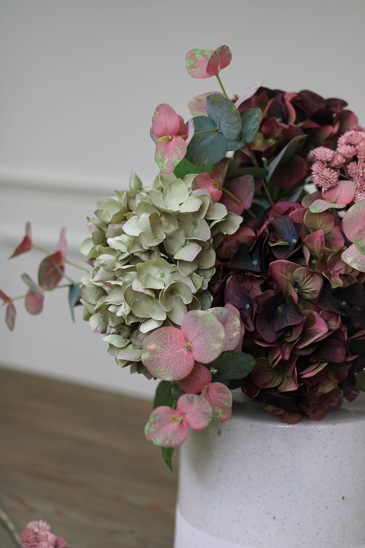 Faux Late Season Hydrangea and Blush Eucalyptus Arrangement