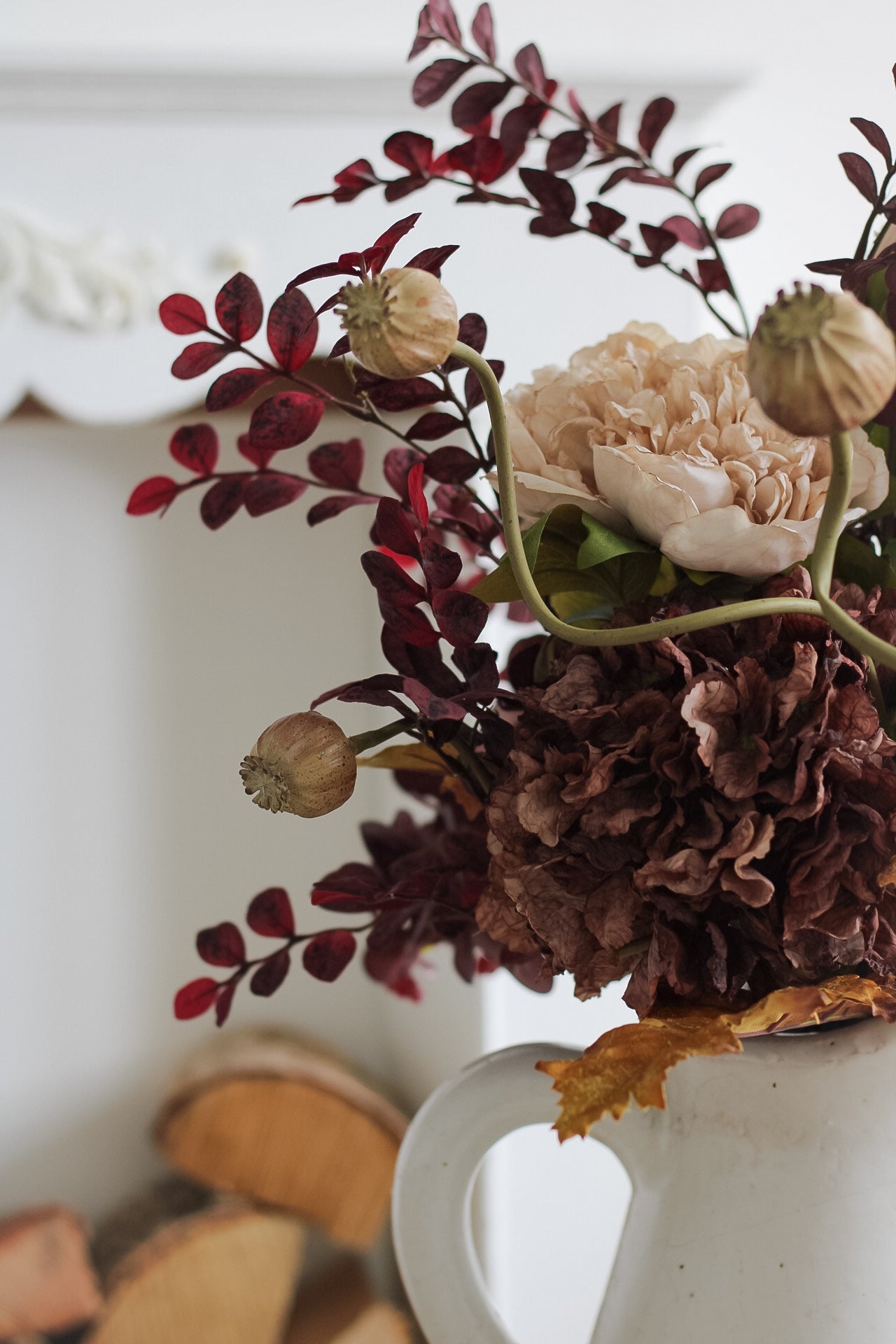 Faux Dried Autumn Hydrangea, Peony and Plum Leaves Arrangement