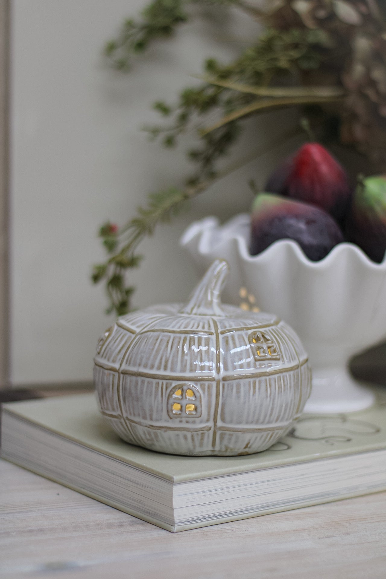 Cream Ceramic LED Pumpkin House