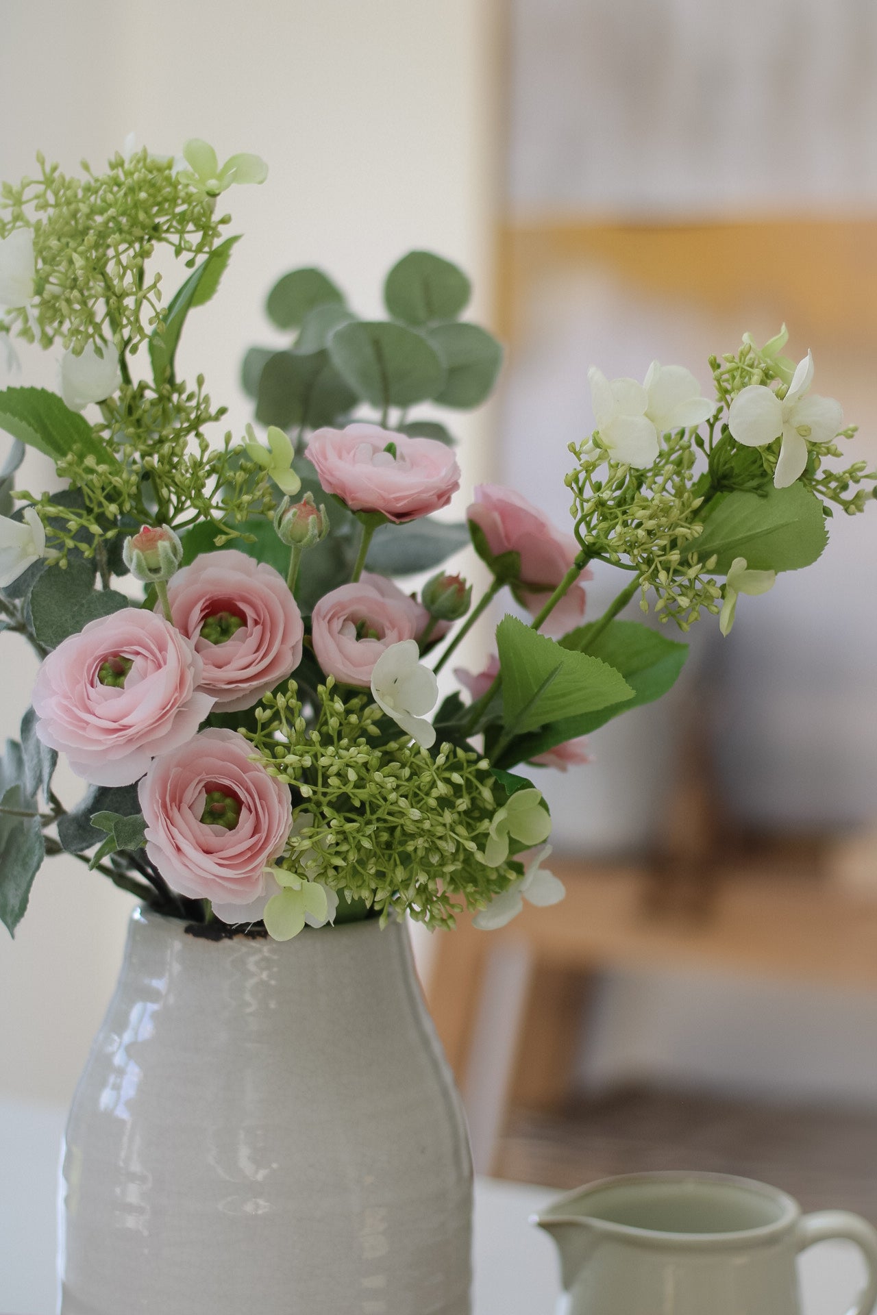 Faux Pink Ranunculus and Eucalyptus Arrangement