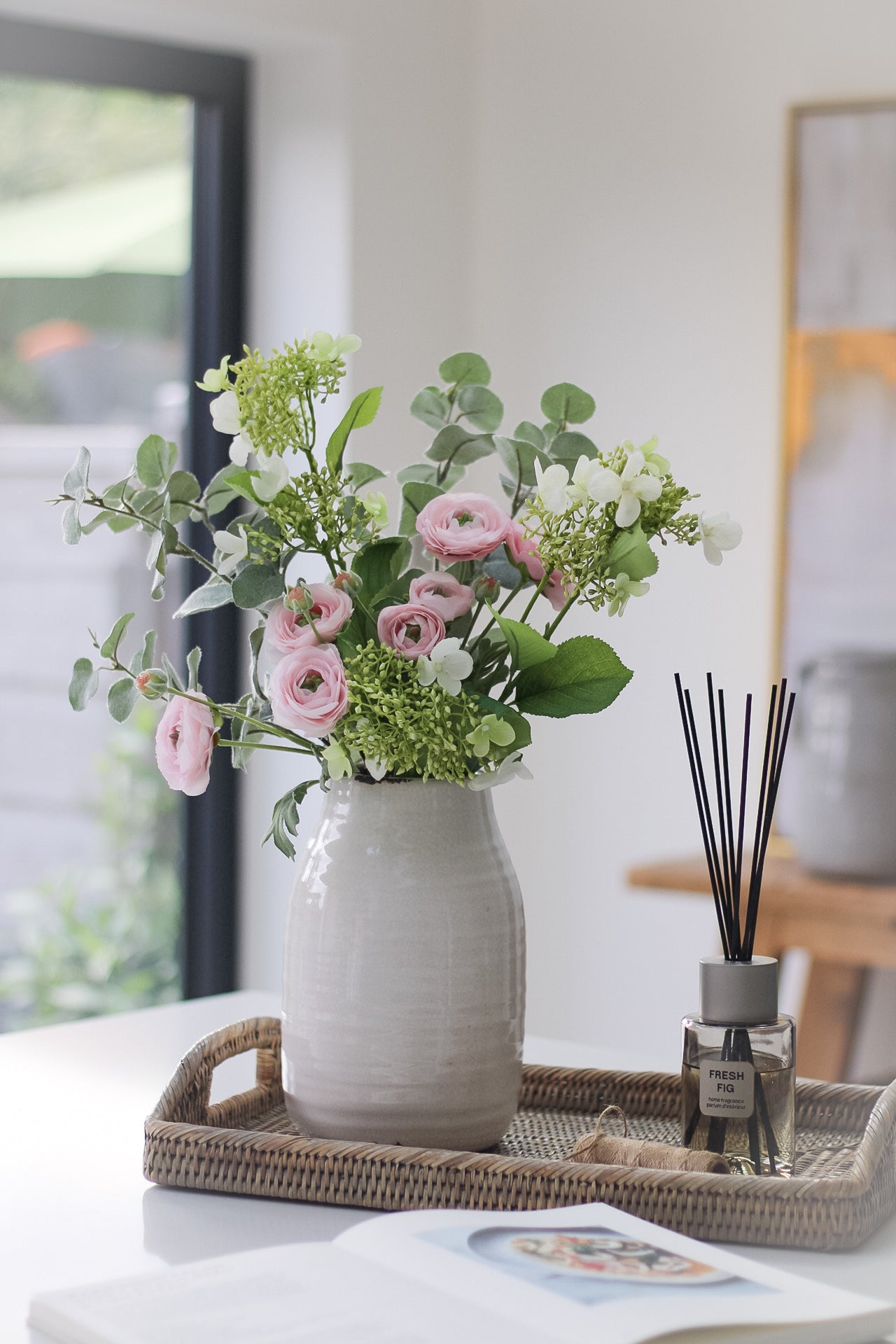 Faux Pink Ranunculus and Eucalyptus Arrangement