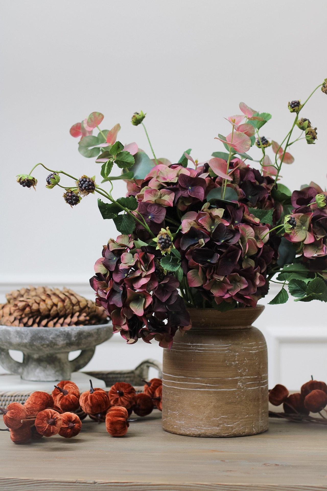 Faux Fig and Olive Hydrangea with Blush Eucalyptus and Blackberries Arrangement