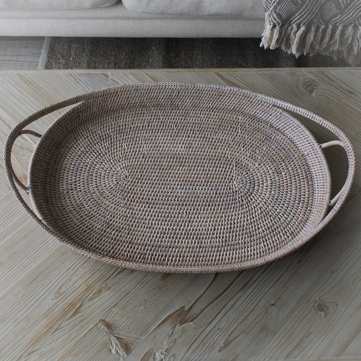 White Washed Natural Rattan Tray With Handles