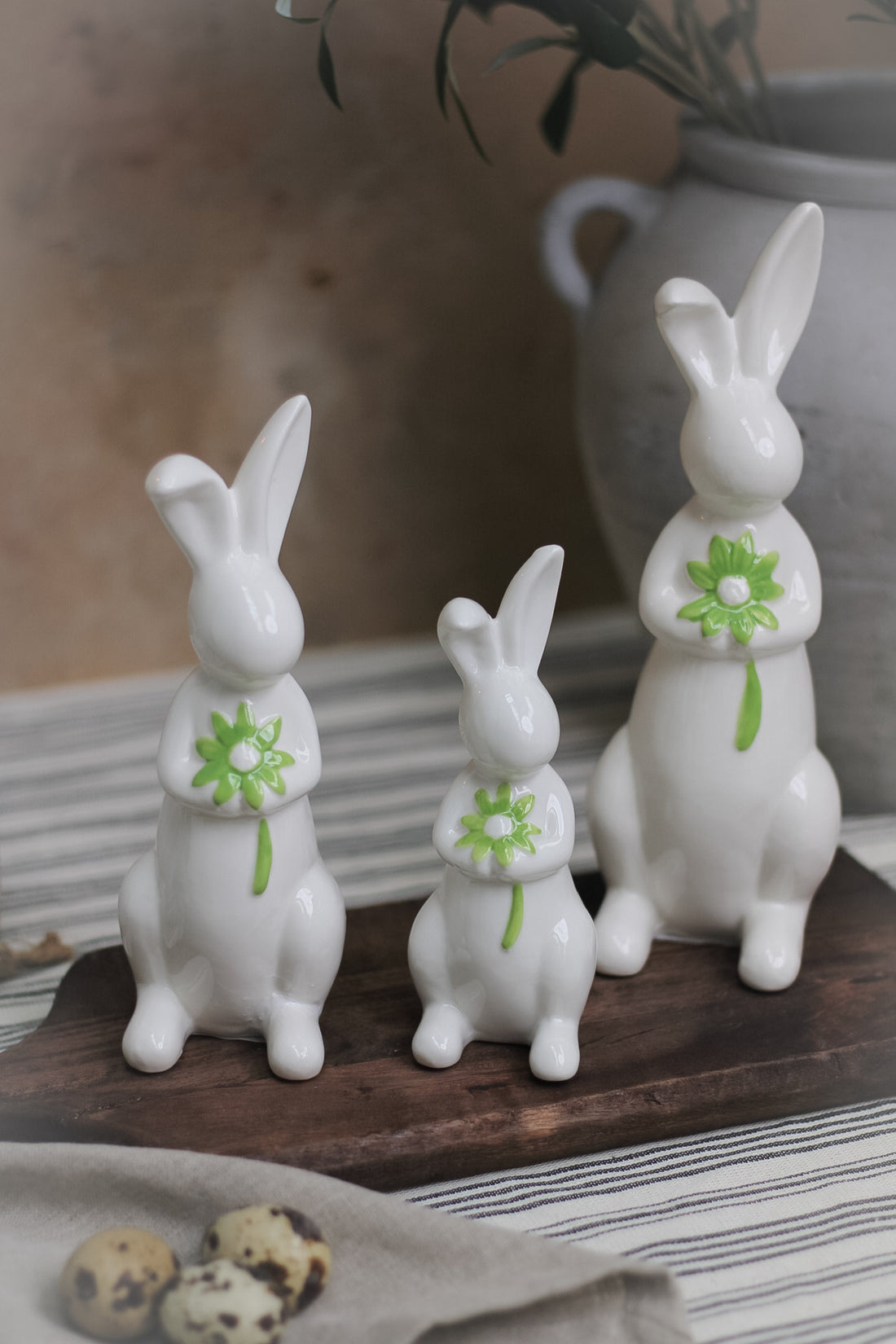 Green Floral Porcelain Bunnies | Set of 3