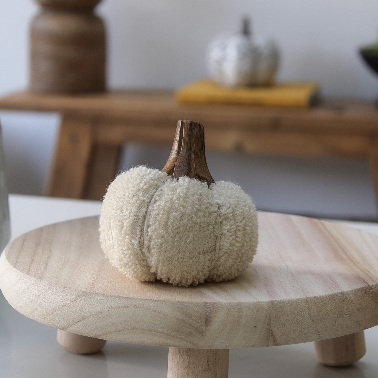 IMPERFECT - Neutral Cotton Pumpkin with Wooden Stalk