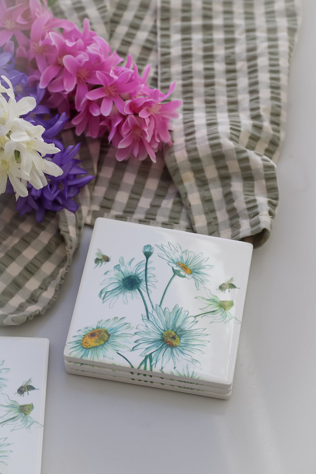 Ceramic daisy and bee spring coasters