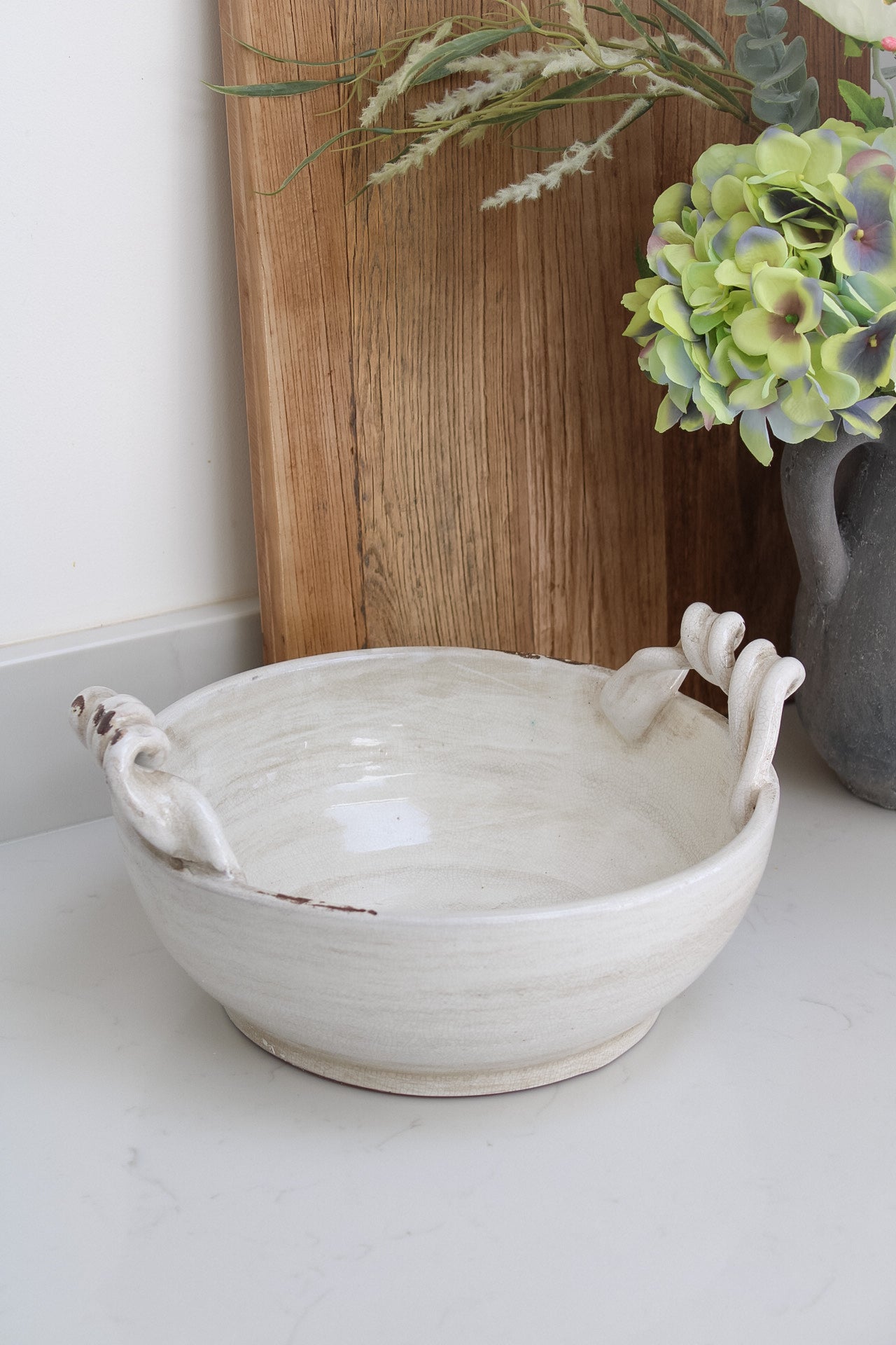 rustic ceramic farmhouse inspired fruit bowl with twisted handles