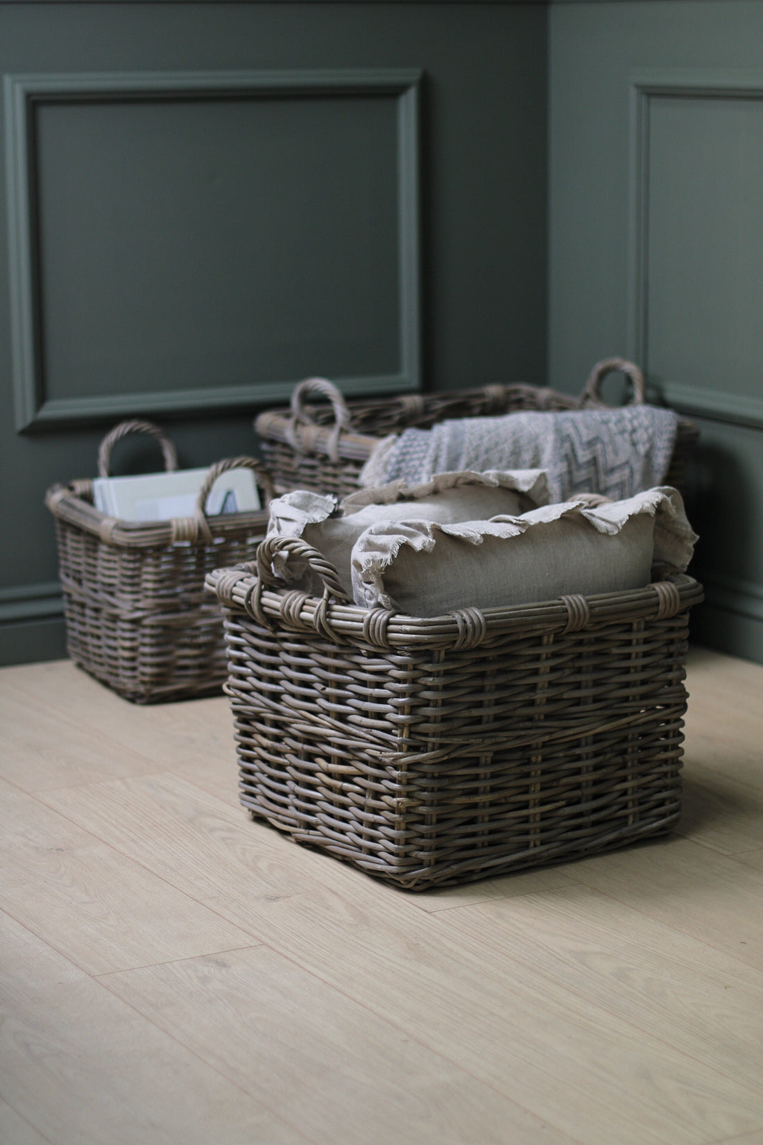 Grey Buff Washed Square Rattan Wicker Basket