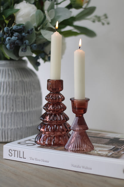 Cherry Glass Ribbed Christmas Tree Candle Sticks